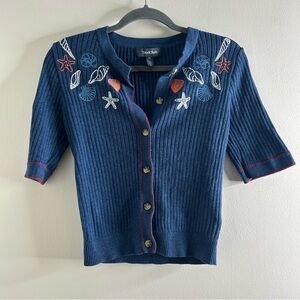 ModCloth Cardigan Sweater Womens Medium Blue Beach Seashells Ribbed 100% Cotton